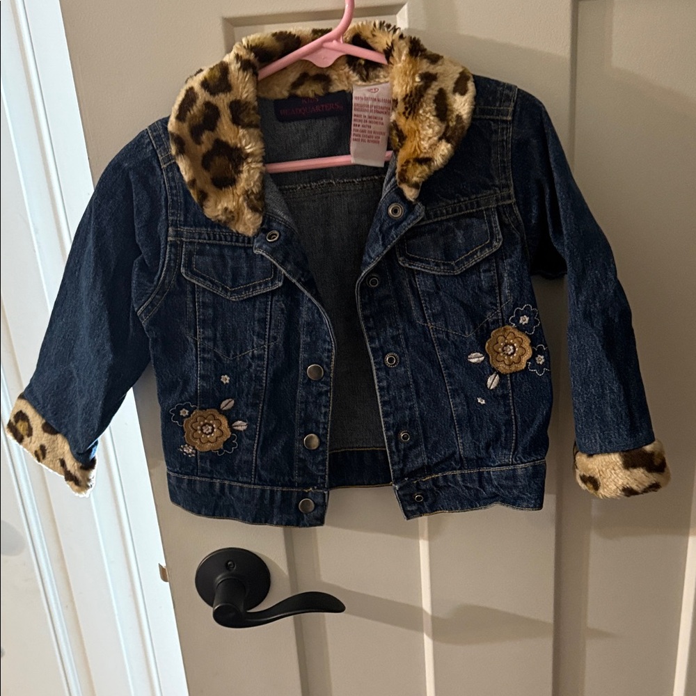 Kids Headquarters Blue Jean Jacket with Leopard Print